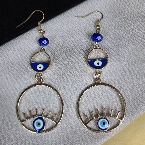 Elegant Gold Tone Blue Evil Eye Earrings - Picture 12 of 15